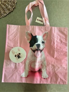 NWT Pink Reusable Tote Bag with Cute French Bulldog Print and Sand + Fog Candle